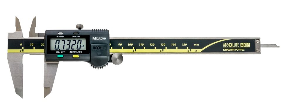 Digital calipers displaying a measurement using a floating point value for an inch (0.7320 inch)