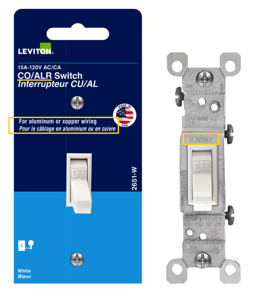 A CO/ALR light switch by Leviton for use with aluminum or copper wiring