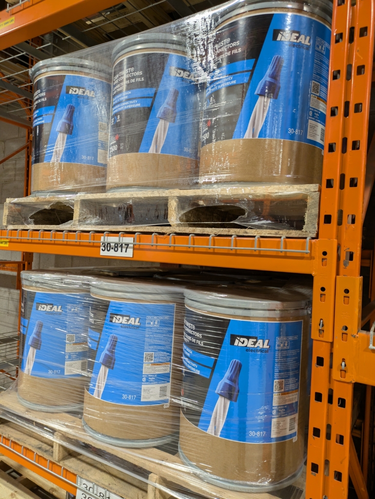 A "stubby" bin of 7,500 blue wire nuts