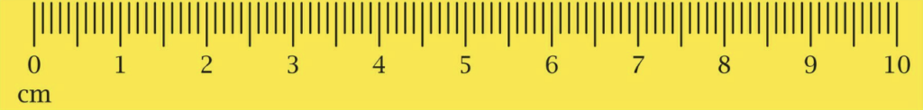 A ruler showing 10 centimetres, with a line displayed at each millimetre. The 5 millimetre line is slightly longer.