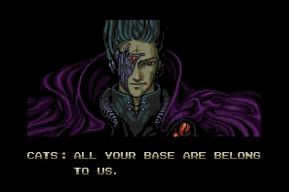 Text reads: "Cats: All your base are belong to us." Screenshot from the Japanese video game Zero Wing