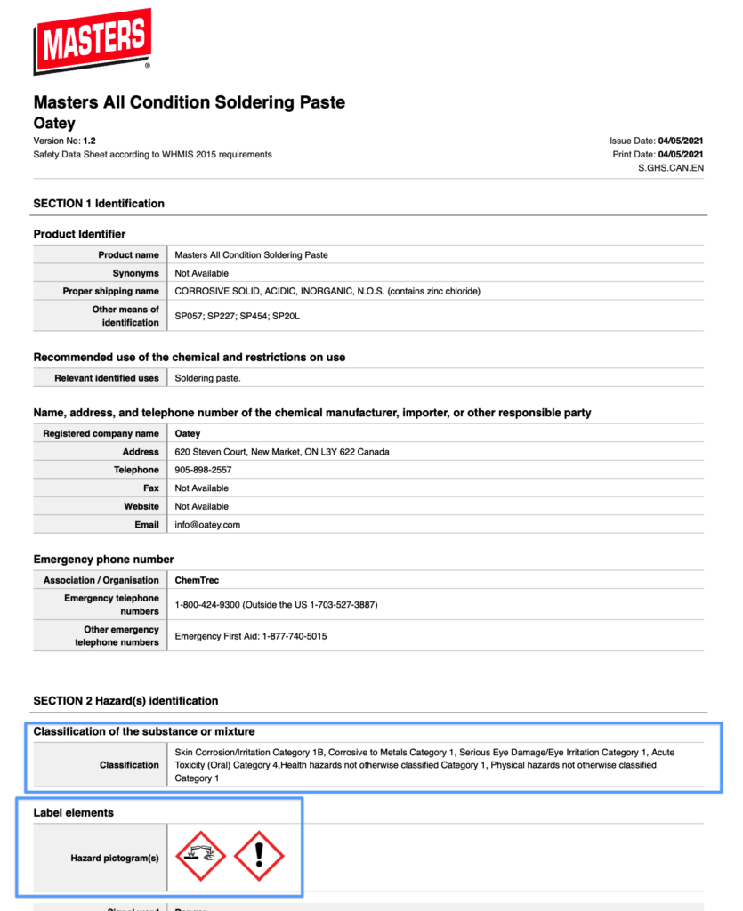 Oatey soldering paste Safety Data Sheet with hazards highlighted