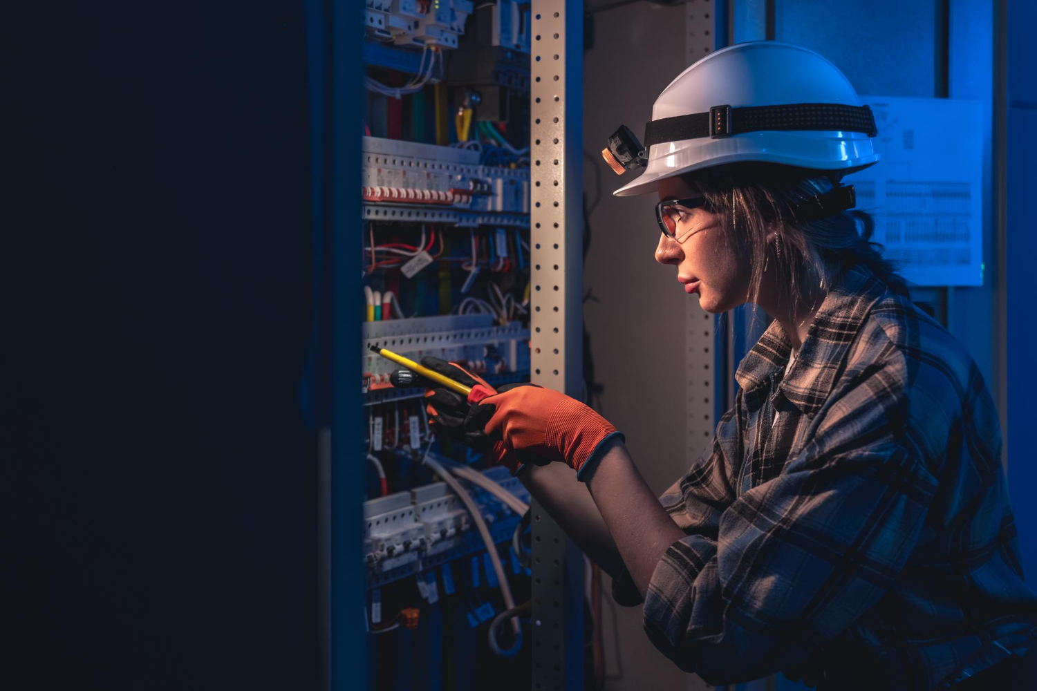 Electrician working on a switchboard at night (by pvproductions on Magnific)